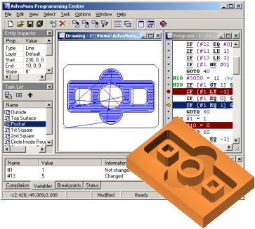AdvaNum Programming Center showing a CNC part drawing, program and 3D machined component